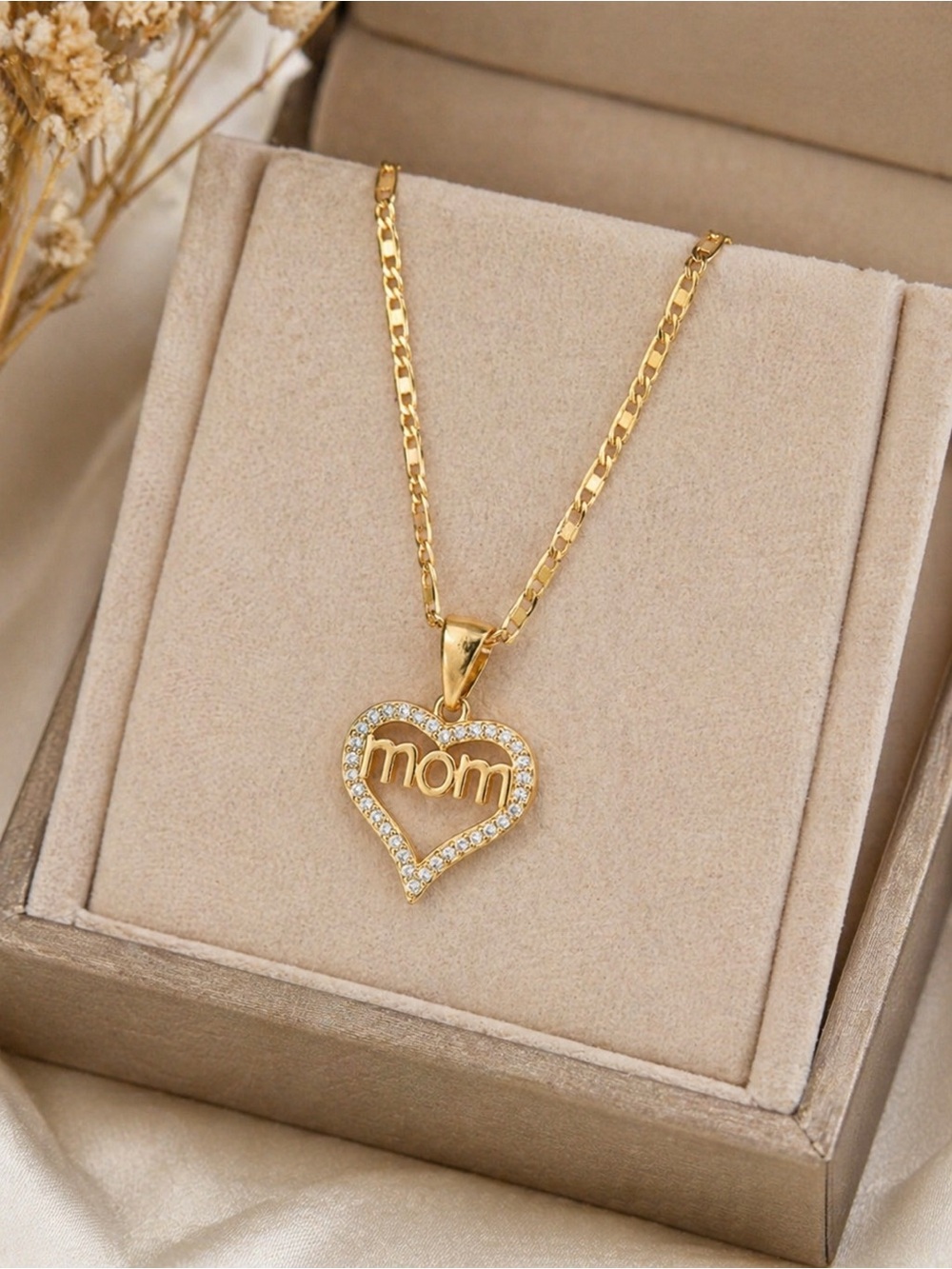 Gold Heart 'Mom' Pendant Necklace with Pavé Accent